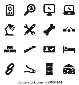 16 vector icon set : report, dollar magnifier, monitor arrow, notebook, table lamp, pencil wrench, drawbridge, block wall, stairs, check in, bed, walnut crack, cheese