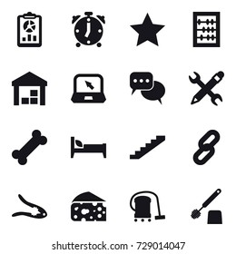 16 vector icon set : report, alarm clock, star, abacus, warehouse, notebook, discussion, pencil wrench, bed, stairs, walnut crack, cheese, vacuum cleaner, toilet brush