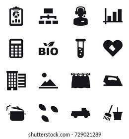 16 vector icon set : report, hierarchy, call center, graph, calculator, bio, vial, houses, landscape, curtain, iron, steam pan, seeds, pickup, bucket and broom
