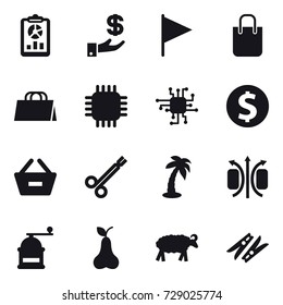 16 vector icon set : report, investment, flag, shopping bag, chip, dollar coin, remove from basket, palm, hand mill, pear, sheep, clothespin