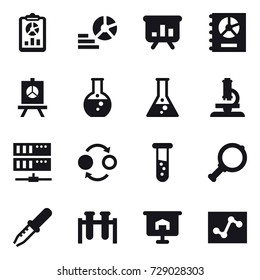 16 vector icon set : report, diagram, presentation, annual report, round flask, flask, microscope, server, quantum bond, vial, magnifier