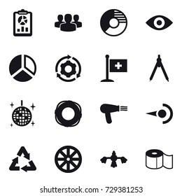 16 vector icon set : report, group, circle diagram, eye, diagram, around gear, drawing compass, disco ball, lifebuoy, hair dryer, wheel, hard reach place cleaning, toilet paper