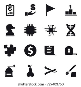 16 vector icon set : report, investment, flag, pedestal, chess horse, chip, dna, puzzle, dollar coin, shopping list, measuring tape, hand mill, pear, pruner, toilet brush