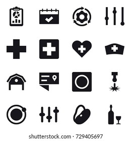 16 vector icon set : report, calendar, around gear, equalizer, barn, ring button, wine