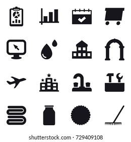 16 vector icon set : report, graph, calendar, delivery, monitor arrow, cottage, arch, hotel, water tap, repair tools, towel, rake