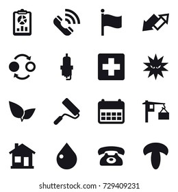16 vector icon set : report, call, flag, up down arrow, quantum bond, spark plug, repair, home, drop, phone