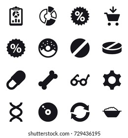 16 vector icon set : report, circle diagram, percent, add to cart, donut, reload, foam basin
