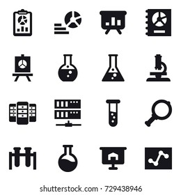 16 vector icon set : report, diagram, presentation, annual report, round flask, flask, microscope, server, vial, magnifier