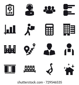 16 vector icon set : report, call center, group, diagram, graph, courier, calculator, houses, palace, wardrobe, goose, house cleaning