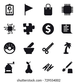 16 vector icon set : report, flag, shopping bag, chip, puzzle, dollar coin, shopping list, donut, palm, hand mill, pear, clothespin, toilet brush