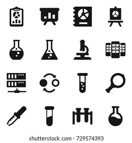 16 vector icon set : report, presentation, annual report, round flask, flask, microscope, server, quantum bond, vial, magnifier