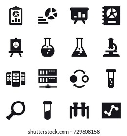 16 vector icon set : report, diagram, presentation, annual report, round flask, flask, microscope, server, quantum bond, vial, magnifier