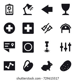 16 vector icon set : report, table lamp, left arrow, wineglass, barn, ring button, rabbit, potato