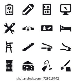 16 vector icon set : report, pencil, abacus, monitor arrow, pencil wrench, drawbridge, check in, bed, Chair for babies, stairs, garlic clasp, walnut crack, cheese, vacuum cleaner, toilet brush