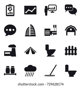 16 vector icon set : report, statistic, presentation, discussion, ballon, skyscraper, mall, barn, factory, tent, toilet, fence, rain cloud, rake