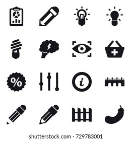 16 vector icon set : report, pencil, bulb, brain, eye identity, add to basket, percent, equalizer, info, bridge, fence, eggplant