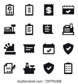 16 vector icon set : report, clipboard, receipt, calendar, cashbox, shopping list, atm receipt, reception, clipboard list