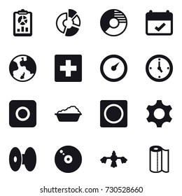 16 vector icon set : report, circle diagram, earth, first aid, barometer, watch, ring button, washing, hard reach place cleaning, paper towel