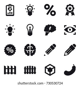 16 vector icon set : report, bulb, percent, medal, brain, eye identity, pencil, fence, eggplant