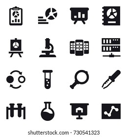 16 vector icon set : report, diagram, presentation, annual report, microscope, server, quantum bond, vial, magnifier