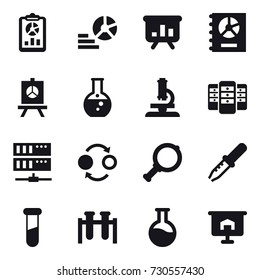 16 vector icon set : report, diagram, presentation, annual report, round flask, microscope, server, quantum bond, magnifier
