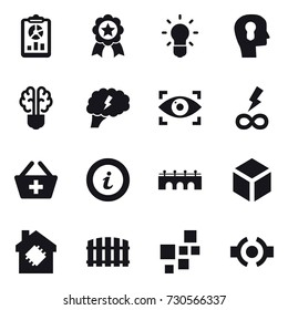 16 vector icon set : report, medal, bulb, bulb head, bulb brain, brain, eye identity, infinity power, add to basket, info, bridge, 3d, smart house, fence