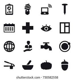 16 vector icon set : report, bulb, notebook wireless, nail, calendar, window, water tap, garlic clasp, mortar, pumpkin, acorn