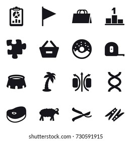 16 vector icon set : report, flag, shopping bag, pedestal, puzzle, remove from basket, donut, measuring tape, stadium, palm, sheep, pruner, clothespin