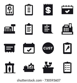 16 vector icon set : report, clipboard, receipt, calendar, cashbox, shopping list, atm receipt, detector, baggage checking, inspector, clipboard list