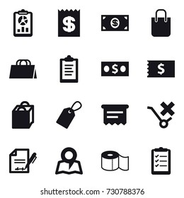 16 vector icon set : report, receipt, money, shopping bag, clipboard, label, atm receipt, map, toilet paper, clipboard list