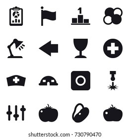16 vector icon set : report, flag, pedestal, atom core, table lamp, left arrow, wineglass, dome house, ring button, tomato