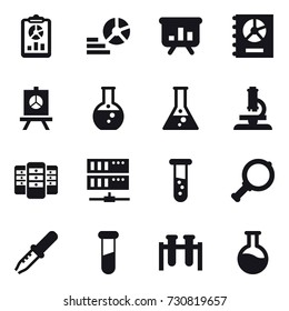 16 vector icon set : report, diagram, presentation, annual report, round flask, flask, microscope, server, vial, magnifier