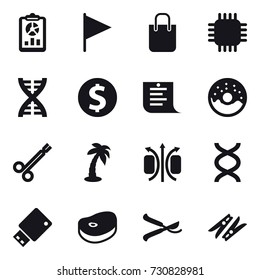 16 vector icon set : report, flag, shopping bag, chip, dna, dollar coin, shopping list, donut, palm, pruner, clothespin