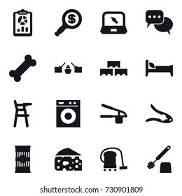 16 vector icon set : report, dollar magnifier, notebook, discussion, drawbridge, block wall, bed, Chair for babies, washing machine, garlic clasp, walnut crack, cheese, vacuum cleaner, toilet brush