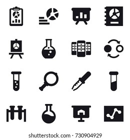 16 vector icon set : report, diagram, presentation, annual report, round flask, server, quantum bond, vial, magnifier