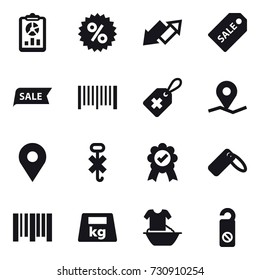 16 vector icon set : report, percent, up down arrow, sale label, sale, barcode, handle washing, do not distrub