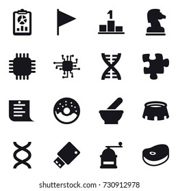 16 vector icon set : report, flag, pedestal, chess horse, chip, dna, puzzle, shopping list, donut, stadium, hand mill