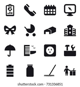 16 vector icon set : report, phone, calendar, monitor arrow, bow, baby stroller, warehouse, building, hotel, power socket, repair tools, rake, kitchen cleaning