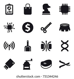 16 vector icon set : report, shopping bag, chess horse, chip, dollar coin, stadium, wireless, scoop, hand mill, pruner