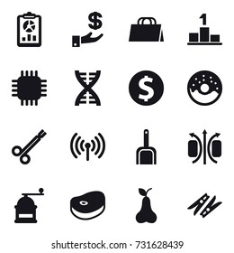 16 vector icon set : report, investment, shopping bag, pedestal, chip, dna, dollar coin, donut, wireless, scoop, hand mill, pear, clothespin