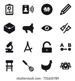 16 vector icon set : report, pass card, crypto currency, pencil, box, megafon, draw compass, unlock, chair, whisk, chicken, outsource