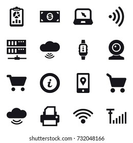 16 vector icon set : report, money, notebook, wireless, server, cloud wireless, smartwatch, web cam, cart, info