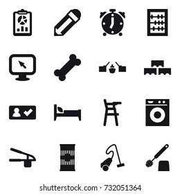 16 vector icon set : report, pencil, alarm clock, abacus, monitor arrow, drawbridge, block wall, check in, bed, Chair for babies, washing machine, garlic clasp, vacuum cleaner, toilet brush