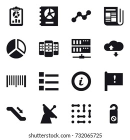 16 vector icon set : report, annual report, graph, newspaper, diagram, server, cloude service, barcode, list, info, escalator, do not distrub