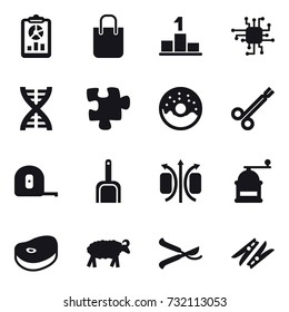 16 vector icon set : report, shopping bag, pedestal, chip, dna, puzzle, donut, measuring tape, scoop, hand mill, sheep, pruner, clothespin