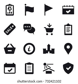 16 vector icon set : report, flag, calendar, sale, discussion, add to cart, clipboard, remove from basket, info, castle