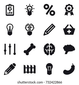 16 vector icon set : report, bulb, percent, medal, bulb brain, pencil, add to basket, equalizer, fence, eggplant