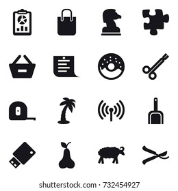 16 vector icon set : report, shopping bag, chess horse, puzzle, remove from basket, shopping list, donut, measuring tape, palm, wireless, scoop, pear, sheep, pruner