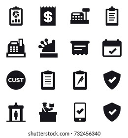 16 vector icon set : report, receipt, cashbox, clipboard, atm receipt, detector, inspector, mobile checking