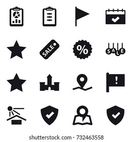 16 vector icon set : report, clipboard, flag, calendar, star, sale, percent, castle, map